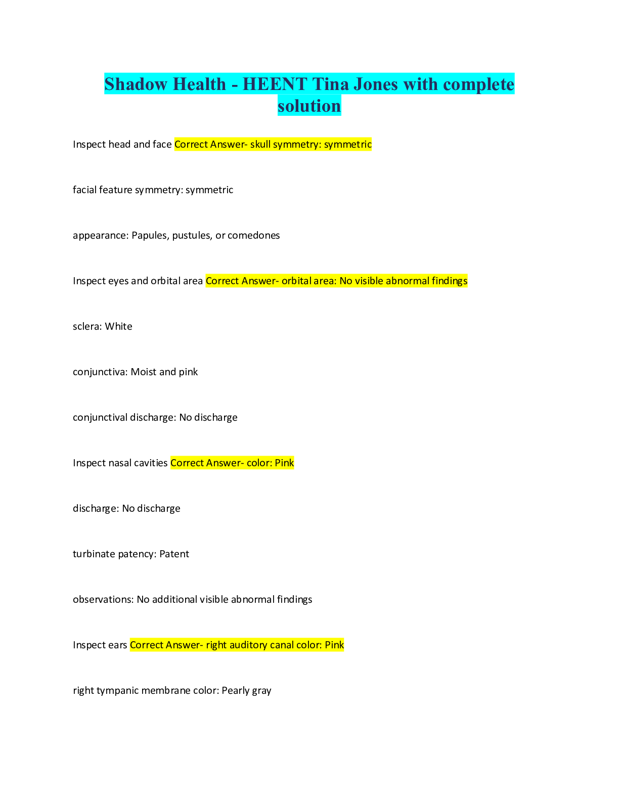 Preview image for Shadow Health - HEENT Tina Jones with complete solution